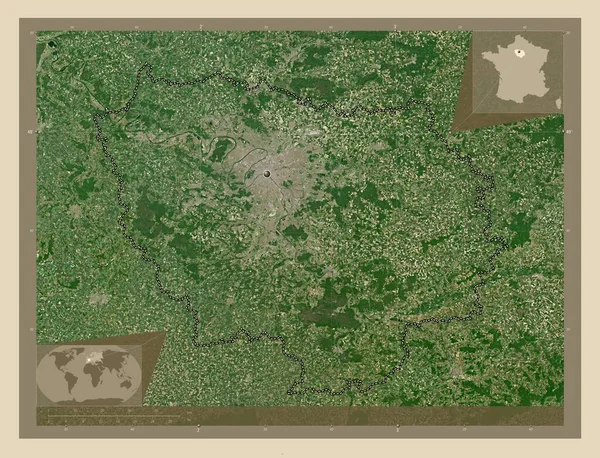 Ile-de-France, region of France. High resolution satellite map. Corner auxiliary location maps