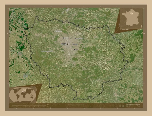 Ile-de-France, region of France. Low resolution satellite map. Locations and names of major cities of the region. Corner auxiliary location maps