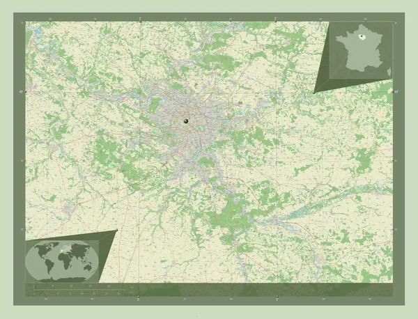 Ile-de-France, region of France. Open Street Map. Corner auxiliary location maps