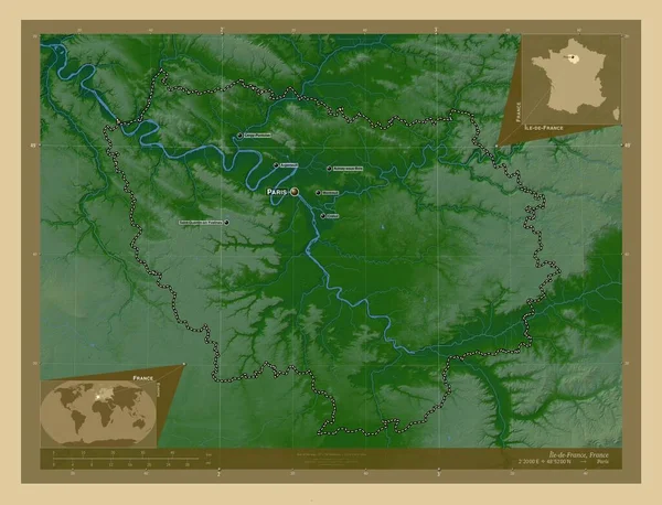 Ile-de-France, region of France. Colored elevation map with lakes and rivers. Locations and names of major cities of the region. Corner auxiliary location maps