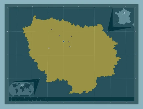 Ile-de-France, region of France. Solid color shape. Locations of major cities of the region. Corner auxiliary location maps