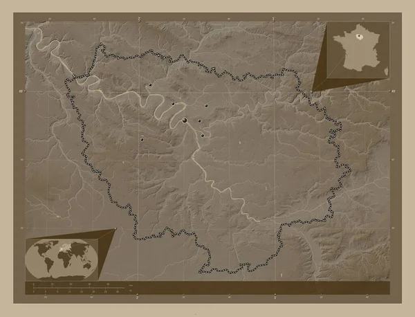Иль Франс Регион Франции Карта Высоты Окрашенная Сепиевые Тона Озерами — стоковое фото