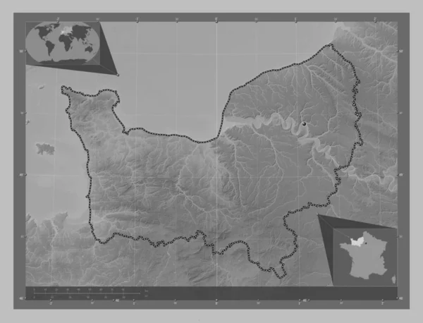 Normandie Region France Grayscale Elevation Map Lakes Rivers Corner Auxiliary — Stock Photo, Image