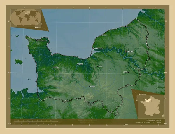 Normandía Región Francia Mapa Elevación Colores Con Lagos Ríos Ubicaciones —  Fotos de Stock