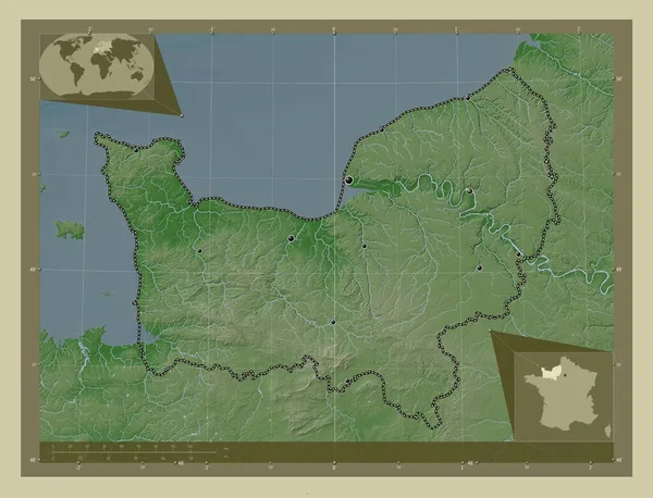 Нормандия Регион Франции Карта Высоты Окрашенная Вики Стиле Озерами Реками — стоковое фото
