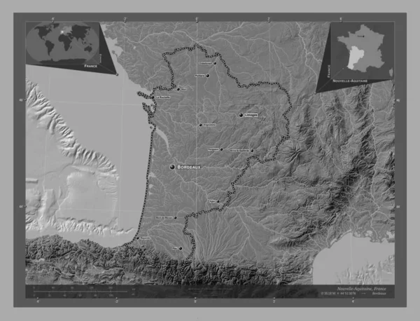 Nouvelle-Aquitaine, region of France. Bilevel elevation map with lakes and rivers. Locations and names of major cities of the region. Corner auxiliary location maps