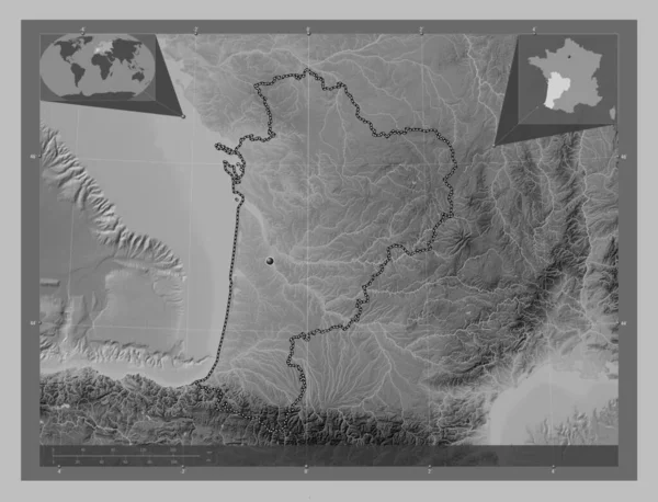 Nouvelle-Aquitaine, region of France. Grayscale elevation map with lakes and rivers. Corner auxiliary location maps