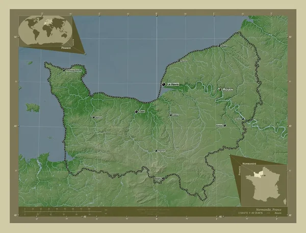 Normandie Oblast Francie Zdvihová Mapa Zbarvená Stylu Wiki Jezery Řekami — Stock fotografie