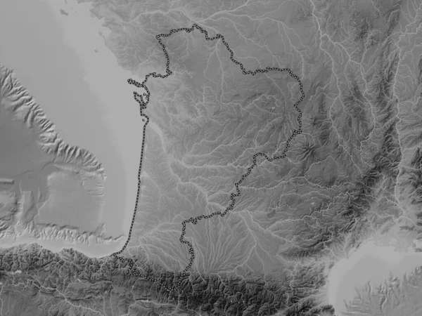Nouvelle-Aquitaine, region of France. Grayscale elevation map with lakes and rivers