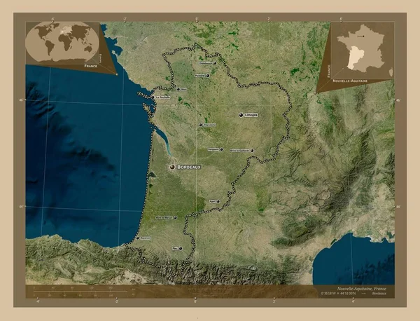 Nouvelle Aquitania Región Francia Mapa Satelital Baja Resolución Ubicaciones Nombres — Foto de Stock