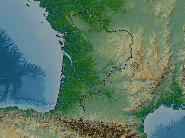 Nouvelle-Aquitaine, region of France. Colored elevation map with lakes and rivers