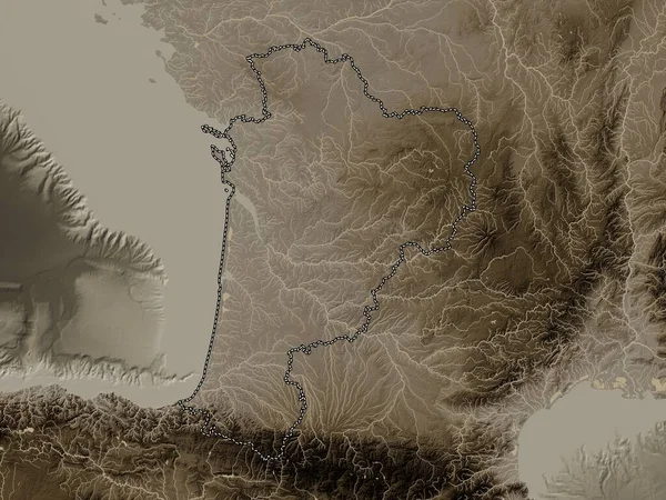 Nouvelle-Aquitaine, region of France. Elevation map colored in sepia tones with lakes and rivers