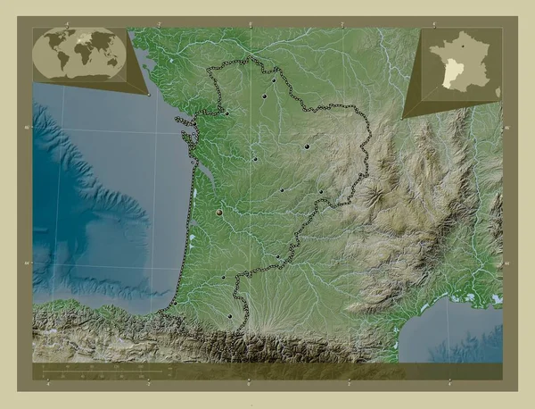 Yeni Aquitaine Fransa Bölgesi Yükseklik Haritası Göller Nehirlerle Wiki Tarzında — Stok fotoğraf