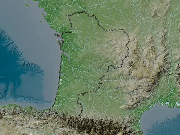 Nouvelle-Aquitaine, region of France. Elevation map colored in wiki style with lakes and rivers