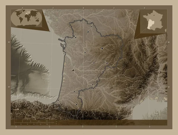Nouvelle Aquitaine Регион Франции Карта Высоты Окрашенная Сепиевые Тона Озерами — стоковое фото
