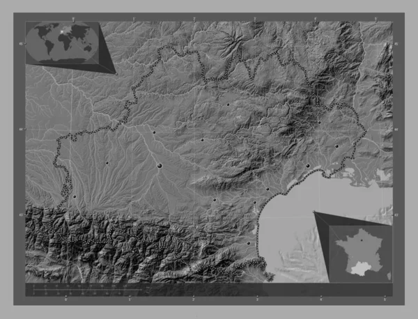 Окситанія Регіон Франції Білевелівська Карта Висот Озерами Річками Розташування Великих — стокове фото