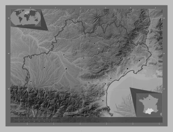 Окситания Регион Франции Карта Высот Оттенках Серого Озерами Реками Места — стоковое фото