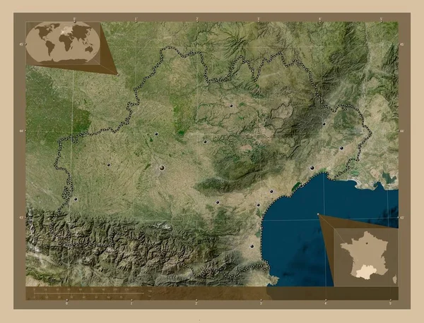 Occitanie Regione Della Francia Mappa Satellitare Bassa Risoluzione Località Delle — Foto Stock