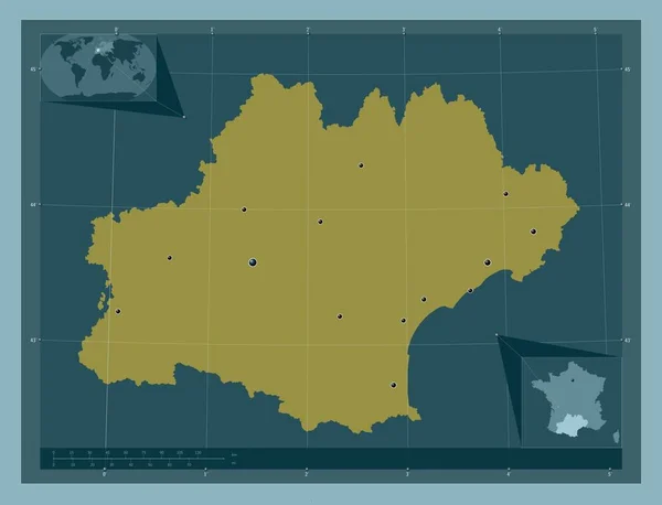 Occitanie Región Francia Forma Color Sólido Ubicaciones Las Principales Ciudades —  Fotos de Stock