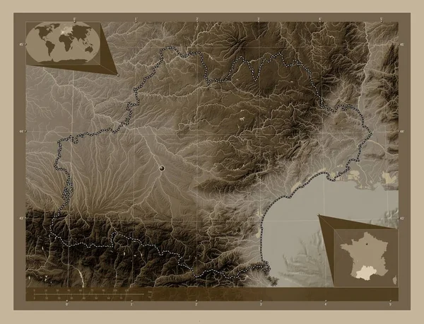 Occitanie Region France Elevation Map Colored Sepia Tones Lakes Rivers — Stock Photo, Image