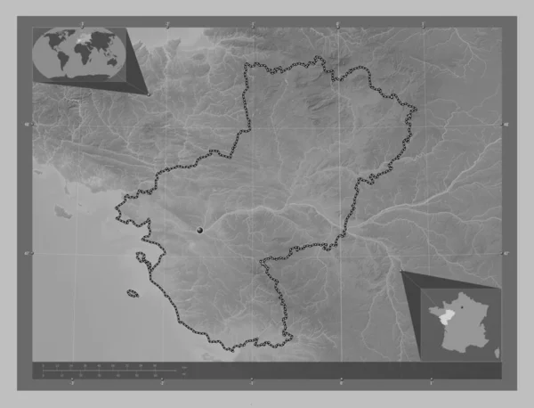 フランスの地域であるロワール地方を支払う 湖や川とグレースケールの標高マップ コーナー補助位置図 — ストック写真