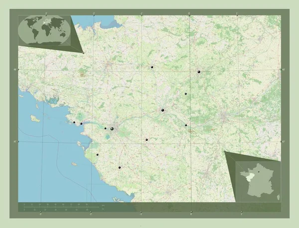 Pays Loire 法国地区 开放街道地图 该区域主要城市的所在地点 角辅助位置图 — 图库照片