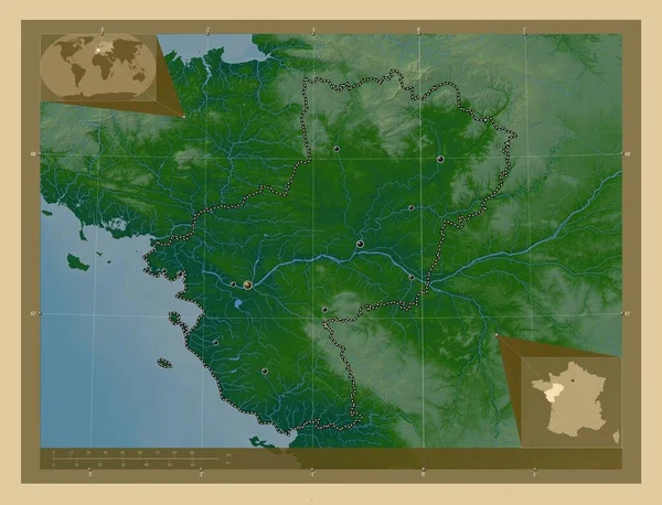 Pays Loire Franciaország Színes Domborzati Térkép Tavakkal Folyókkal Régió Nagyvárosainak — Stock Fotó