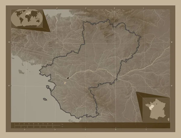 Pays Loire Regio Van Frankrijk Hoogtekaart Gekleurd Sepia Tinten Met — Stockfoto