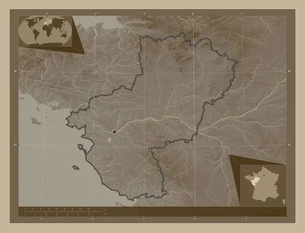 Pays Loire Fransa Bölgesi Yükseklik Haritası Sepya Tonlarında Göller Nehirlerle — Stok fotoğraf