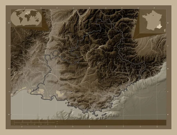 Прованс Лазурный Берег Регион Франции Карта Высоты Окрашенная Сепиевые Тона — стоковое фото