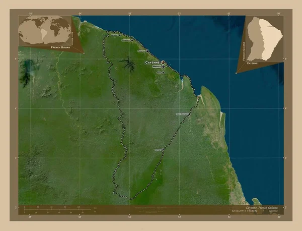 カイエン フランス領ギアナの街 低解像度衛星地図 地域の主要都市の位置と名前 コーナー補助位置図 — ストック写真