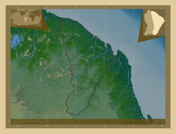 Кайенн Округ Французской Гвианы Цветная Карта Высоты Озерами Реками Вспомогательные — стоковое фото