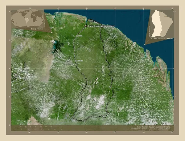 サンローラン マローニ フランス領ギアナの地区 高解像度衛星地図 地域の主要都市の位置と名前 コーナー補助位置図 — ストック写真