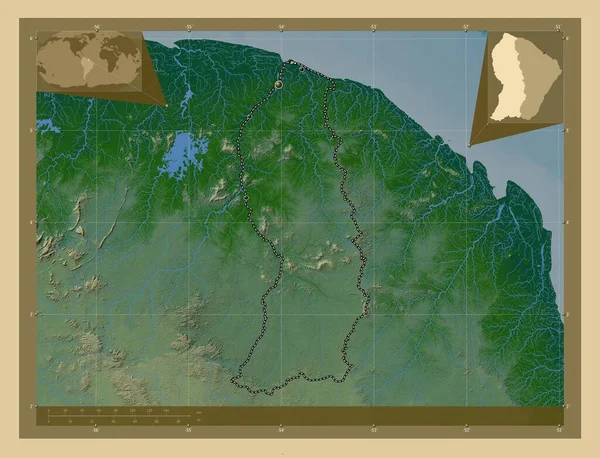 Saint Laurent Maroni 法属圭亚那自治区 有湖泊和河流的彩色高程图 该区域主要城市的所在地点 角辅助位置图 — 图库照片