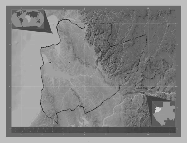 Estuaire Provinz Gabun Graustufen Höhenkarte Mit Seen Und Flüssen Standorte — Stockfoto