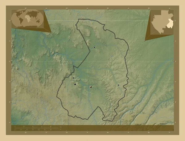 Haut Ogooue Prowincja Gabon Kolorowa Mapa Wzniesień Jeziorami Rzekami Lokalizacje — Zdjęcie stockowe