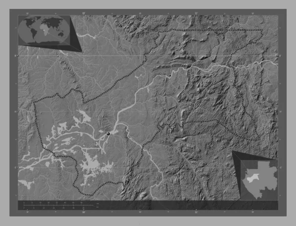 ガボン国の桃園大子上 湖や川と二階の標高マップ 地域の主要都市の場所 コーナー補助位置図 — ストック写真