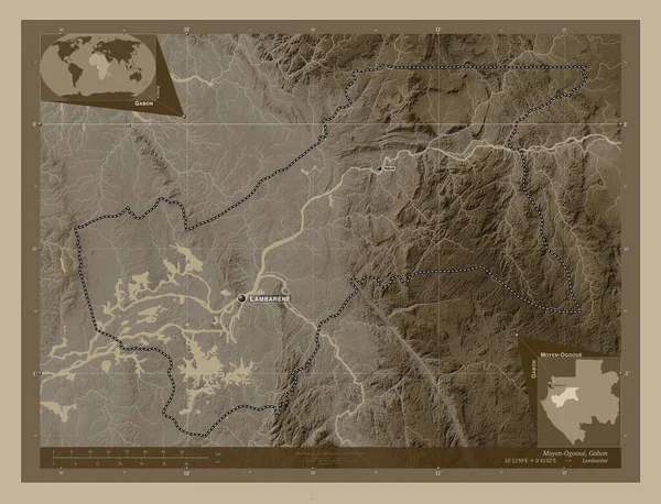 Moyen Ogoue Επαρχία Της Γκαμπόν Υψόμετρο Χάρτη Χρωματισμένο Τόνους Σέπια — Φωτογραφία Αρχείου