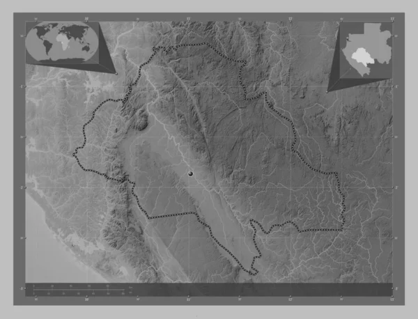ガボン県のヌニー県 湖や川とグレースケールの標高マップ コーナー補助位置図 — ストック写真