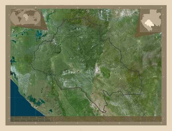加蓬省Ngounie 高分辨率卫星地图 该区域主要城市的所在地点 角辅助位置图 — 图库照片