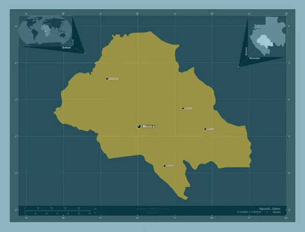 ガボン県のヌニー県 しっかりした色の形 地域の主要都市の位置と名前 コーナー補助位置図 — ストック写真