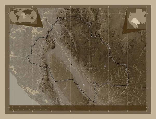 가봉성 니입니다 세피아 색으로 지도는 호수와 강으로 울려퍼진다 지역의 도시들의 — 스톡 사진