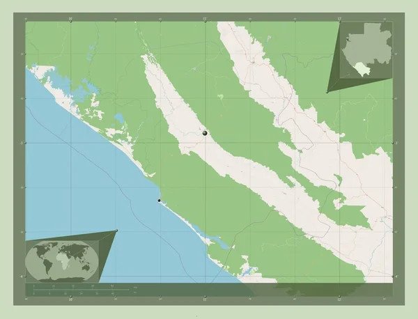 加蓬省尼扬加 开放街道地图 该区域主要城市的所在地点 角辅助位置图 — 图库照片