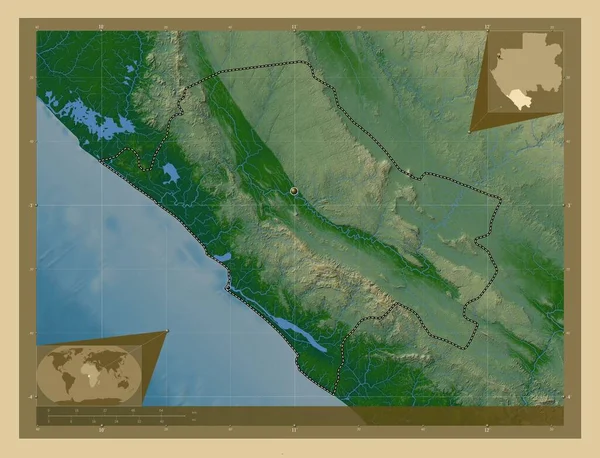 ガボン県のニャンガ 湖や川と色の標高マップ 地域の主要都市の場所 コーナー補助位置図 — ストック写真