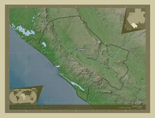 加蓬省尼扬加 用Wiki风格绘制的带有湖泊和河流的高程地图 该区域主要城市的地点和名称 角辅助位置图 — 图库照片