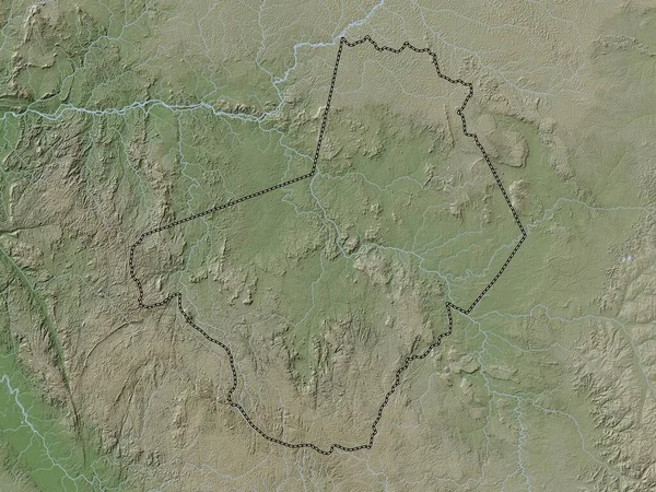 Ogooue-Lolo, Gabon vilayeti. Yükseklik haritası göller ve nehirlerle wiki stilinde renklendirilmiştir