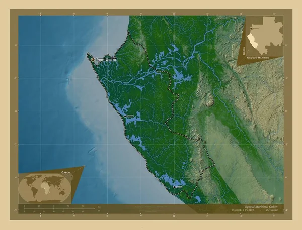 Огове Маритайм Провінція Габон Кольорові Карти Висот Озерами Річками Місця — стокове фото