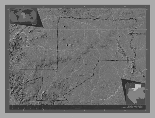Wouleu Ntem 加蓬省 带湖泊和河流的比尔维尔高程图 该区域主要城市的地点和名称 角辅助位置图 — 图库照片