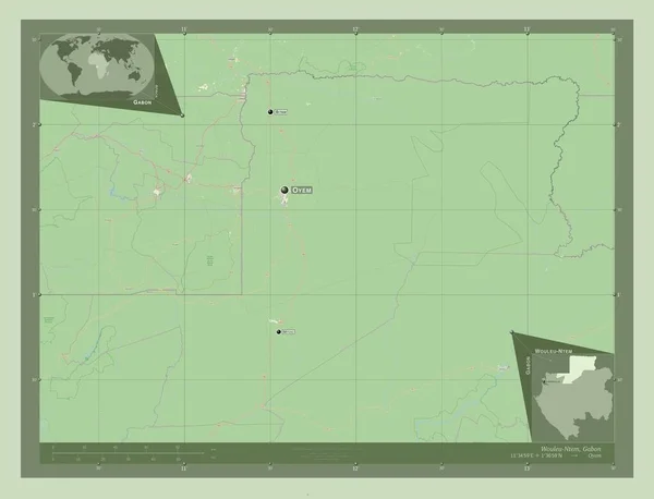 Wouleu Ntem 加蓬省 开放街道地图 该区域主要城市的地点和名称 角辅助位置图 — 图库照片