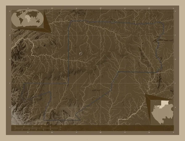 Wouleu Ntem Prowincja Gabon Mapa Elewacji Kolorowe Sepia Dźwięki Jeziorami — Zdjęcie stockowe